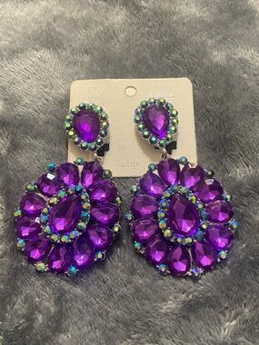 3” Sophia Collection Purple Teardrop Cluster Clip-On Earrings